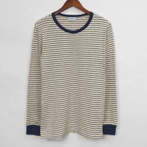 POOLHOUSE | Stripe Striped Long Sleeve T-Shirt Cream Navy Blue Elbow Patch | XL